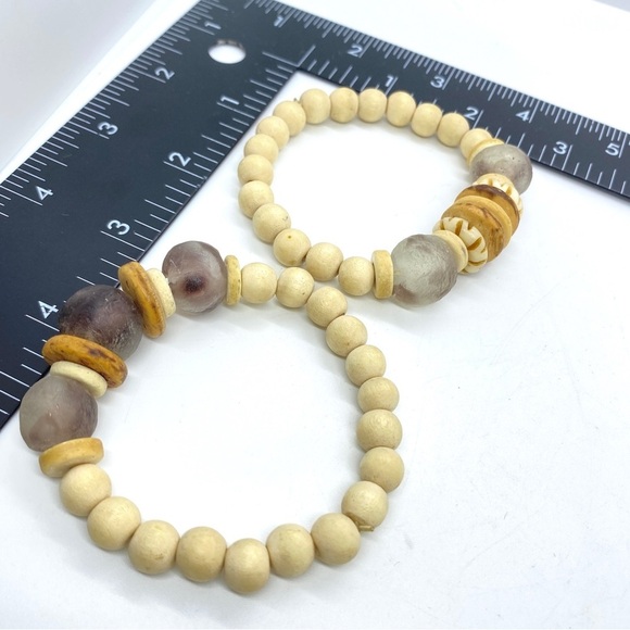 Boho Wood and Natural Beads Stretch Bracelet Pair - Picture 3 of 6